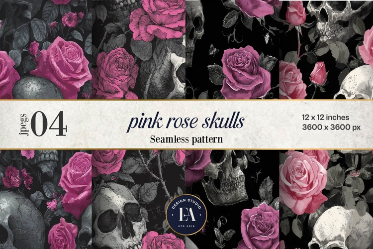 Pink Rose Skull Pattern, Gothic Floral Skull Digital Paper