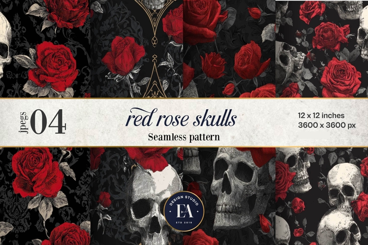 Red Rose Skull Pattern, Gothic Floral Skull Digital Paper