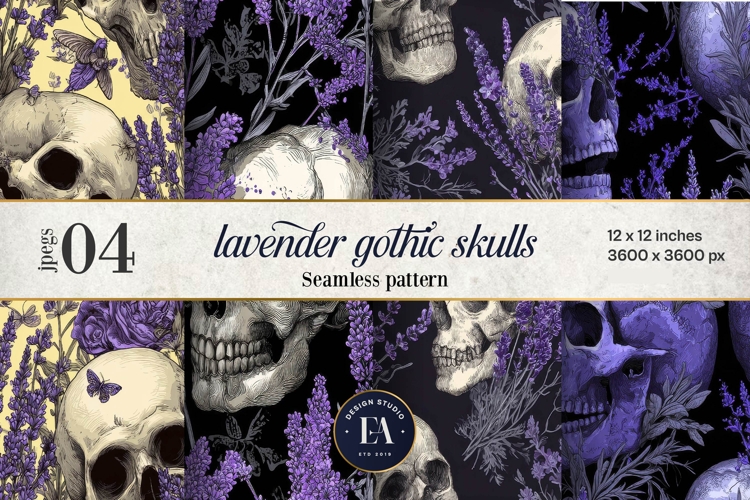 Lavender Gothic Skull Pattern, Purple Floral Skull Paper