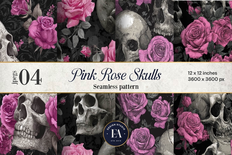 Pink Rose Skull Pattern, Gothic Floral Skull Digital Paper