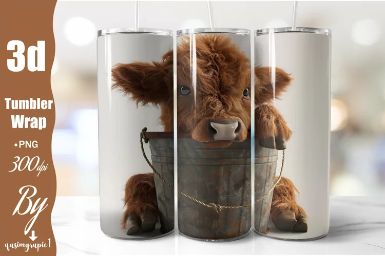 Baby Highland Cow In a Bucket - 20 oz Tumbler Wrap
