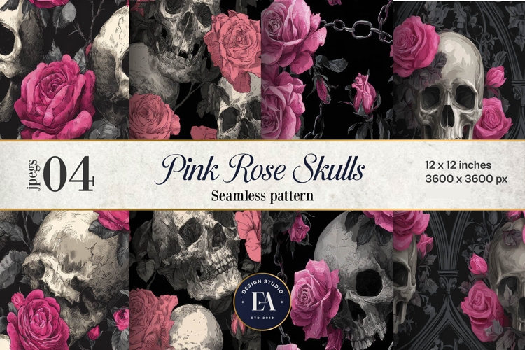 Pink Rose Skull Pattern, Gothic Floral Skull Digital Paper