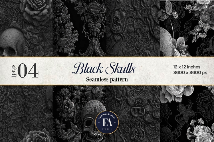 Black Skull Seamless Pattern, Gothic Black Floral Skulls