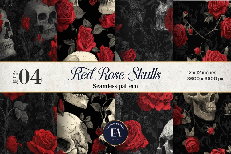 Red Rose Skull Pattern, Gothic Floral Skull Digital Paper
