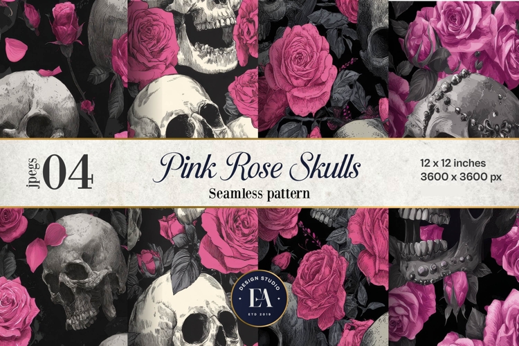Pink Rose Skull Pattern, Gothic Floral Skull Digital Paper