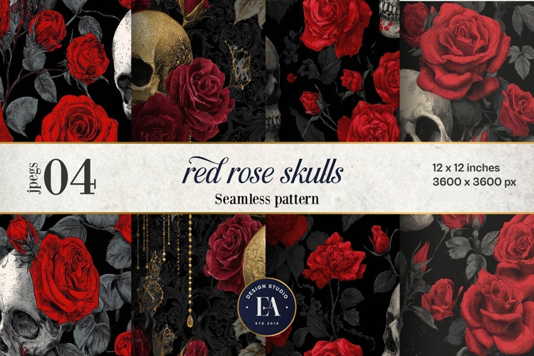 Red Rose Skull Pattern, Gothic Floral Skull Digital Paper