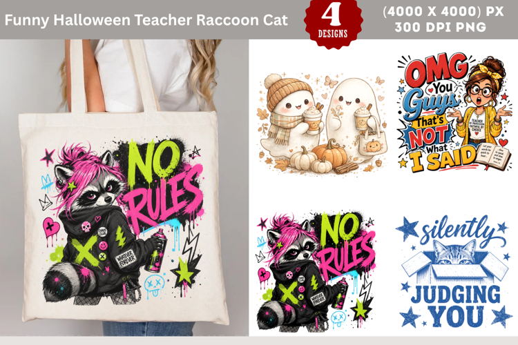 Funny Halloween Teacher Raccoon Cat Sublimation PNG