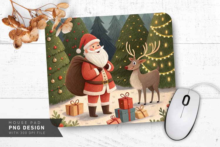Santa and Reindeer with Bright Ornaments Mouse Pad PNG