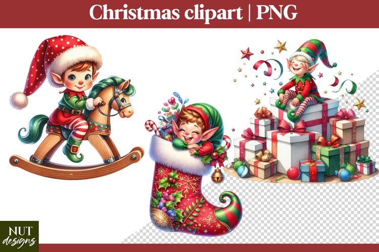Cute Christmas clipart, Christmas Elf & gifts, horse, sock