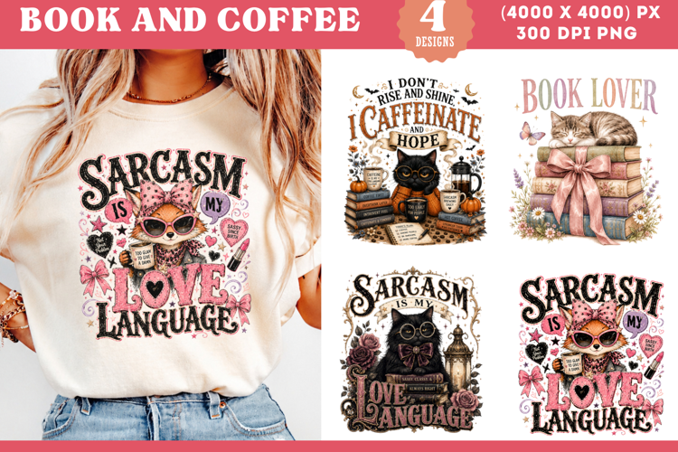 Funny Sarcastic Cat Book Lover Coffee Sublimation PNG