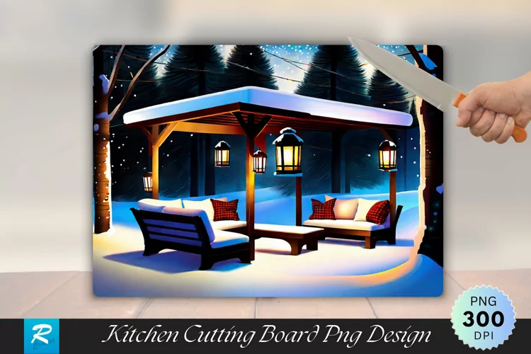 Rustic Outdoor Seating Lanterns and Snowy Cutting Board PNG