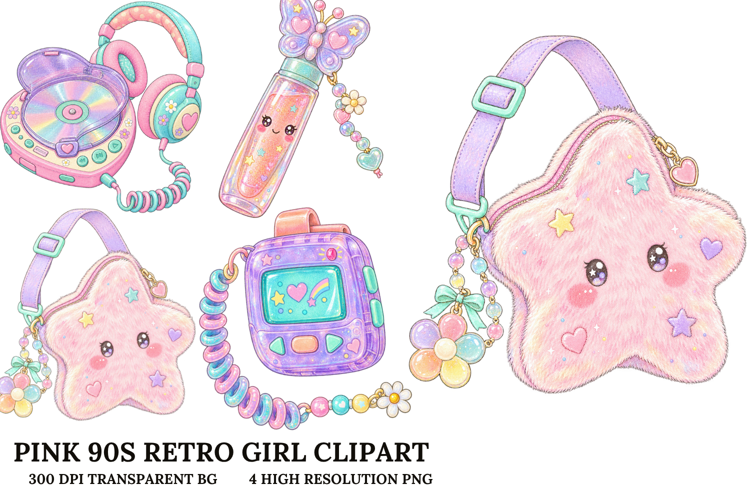 Pink Pastel 90s Retro Girl Kawaii Clipart Sublimation PNG