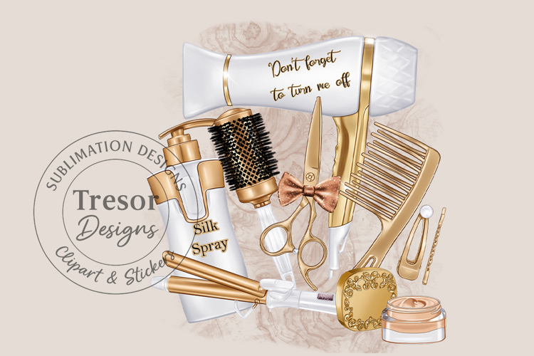 White & Gold Hair Salon Sublimation PNG Beauty Tools Design