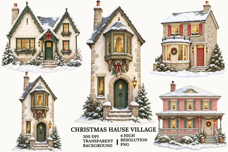 Christmas House Village PNG, Snowy Cottage Sublimation Art