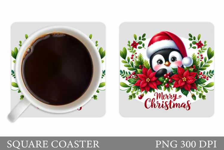 Cute Penguin Coaster Sublimation. Christmas Coaster Design