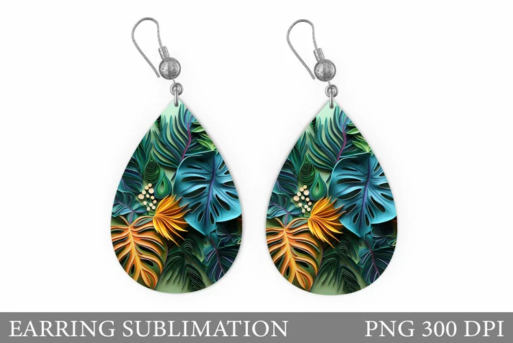 3D Tropical Leaves Earring. Leaves Earring Sublimation