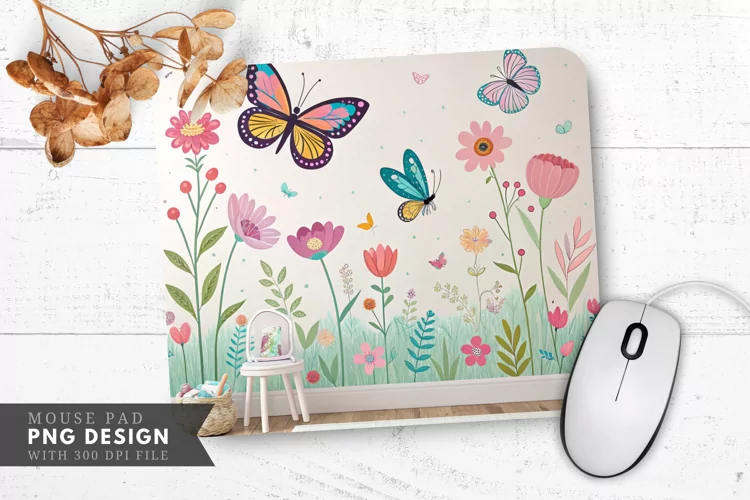 Butterflies and Flowers Mural Mouse Pad PNG Design