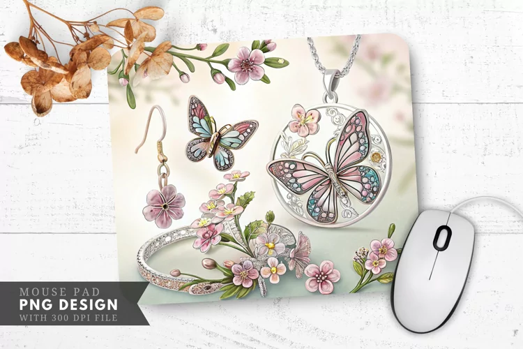 Butterfly and Floral Jewelry Design Mouse Pad PNG