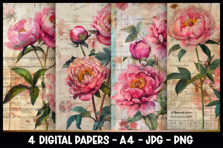 4 Vintage Peonies Digital Papers I Junk Journal Page