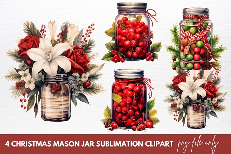 Christmas Mason Jar Sublimation Clipart example image 1