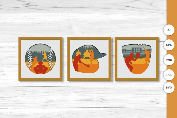 3D Papercut Playing Baseball Scene Layered Template Set example image 1