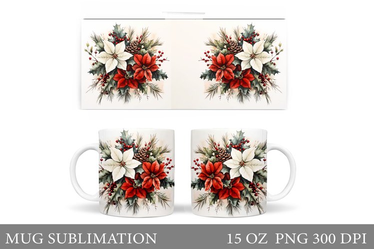 Poinsettia Mug Sublimation. Christmas Mug Wrap Design example image 1