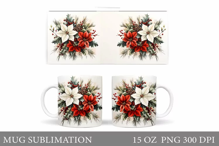 Poinsettia Mug Sublimation. Christmas Mug Wrap Design