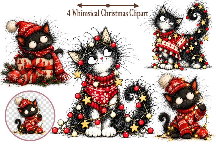 Whimsical Christmas Clipart, Christmas Cat Sublimation example image 1