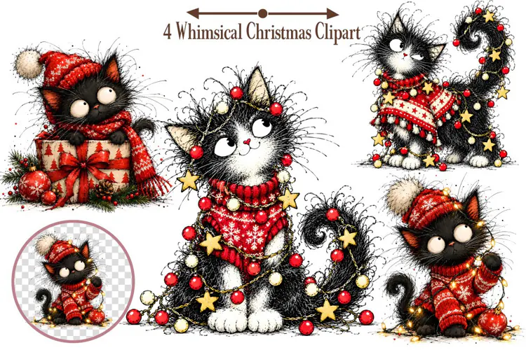 Whimsical Christmas Clipart, Christmas Cat Sublimation