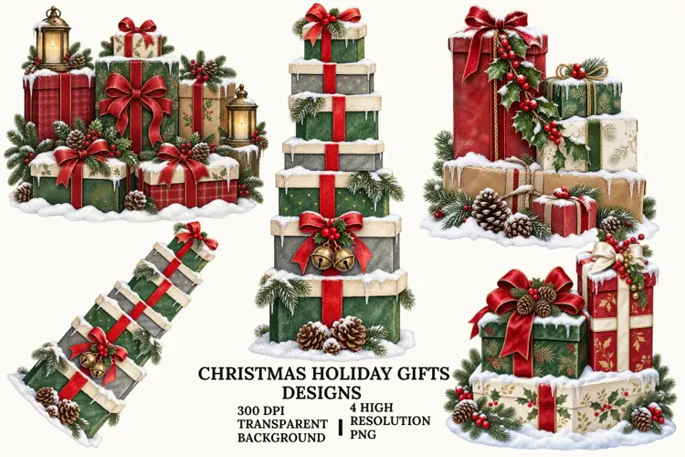 Christmas Gift Boxes PNG, Holiday Present Sublimation Art