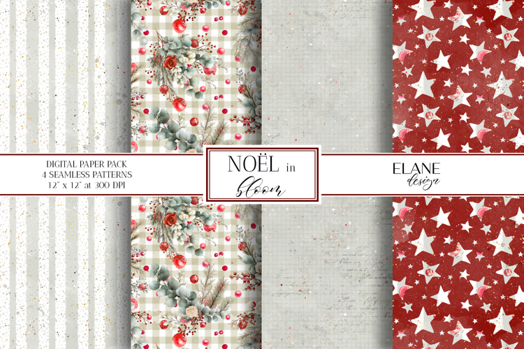 Floral Digital Paper, Christmas Flowers Seamless Patterns