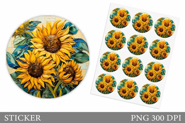 Sunflowers Sticker Design. Floral Round Sticker Template