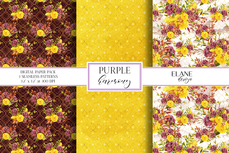 Floral Seamless Digital Paper, Yellow Purple Ranunculus