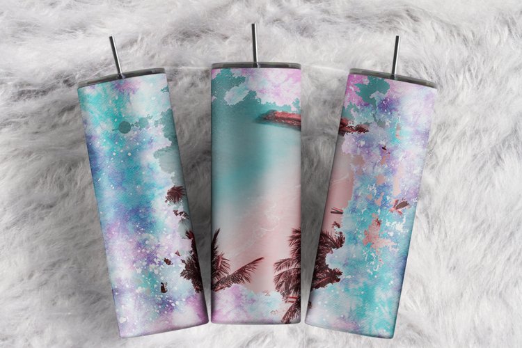 Custom Name Tropical Palms Blue Watercolor 20oz tumbler wrap