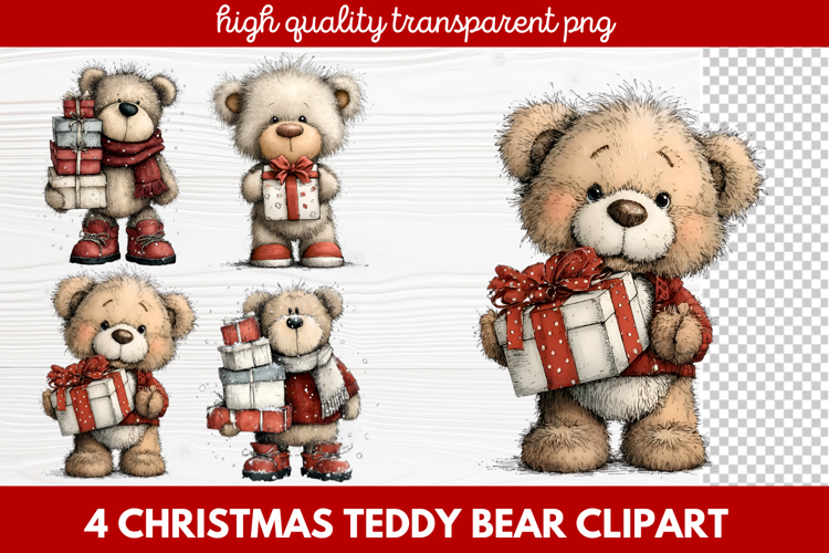 4 Christmas Teddy Bear Clipart | Cute Holiday Bear PNG Illus