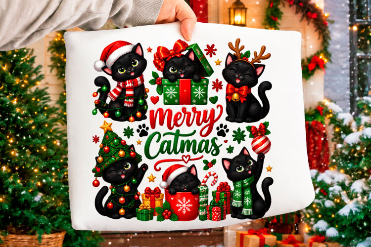 Merry Catmas Christmas Cat Lover Holiday T-Shirt Design example image 1