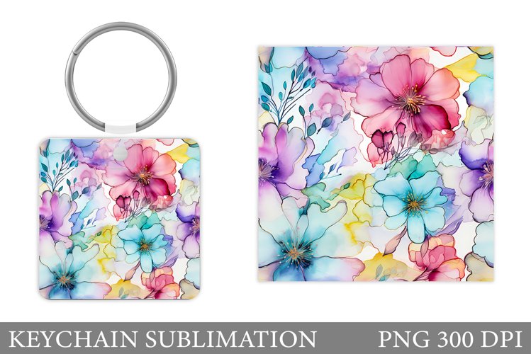 Flowers Keychain Design. Alcohol Ink Flowers Square Keychain