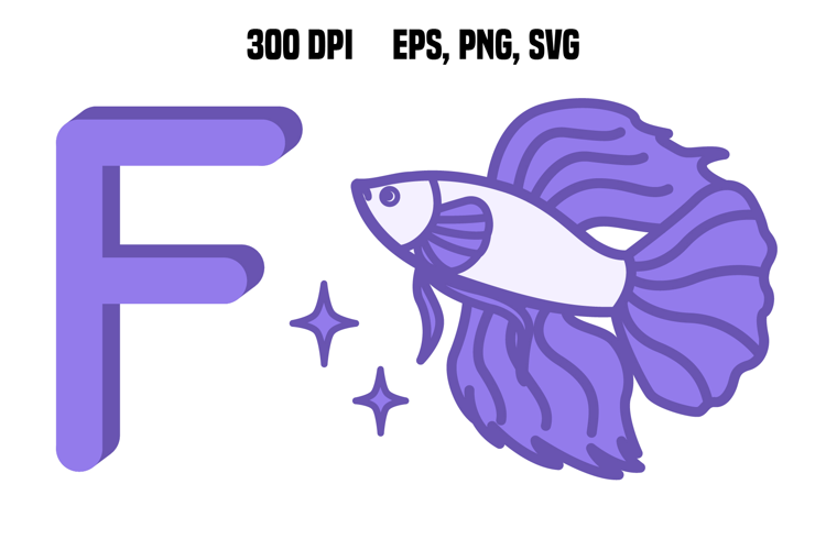 Purple Letter F and Fish. Vector