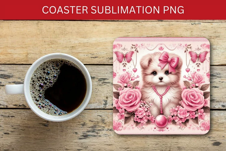 square coaster - pink puppy dog