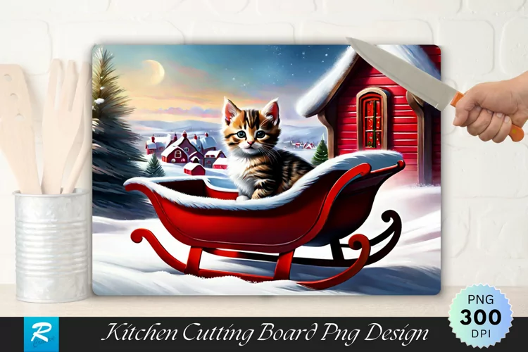 Tabby Kitten in a Sleigh Cutting Board Sublimation Design