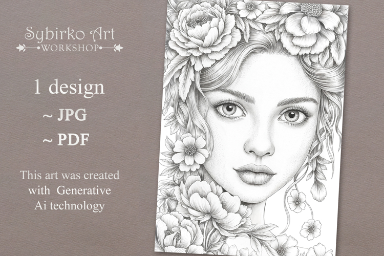 Flowers Girl coloring page for adults. Adult coloring page