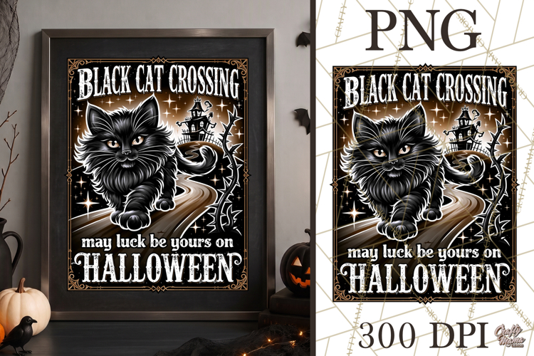 Black Cat Crossing Halloween Sign PNG Graphic