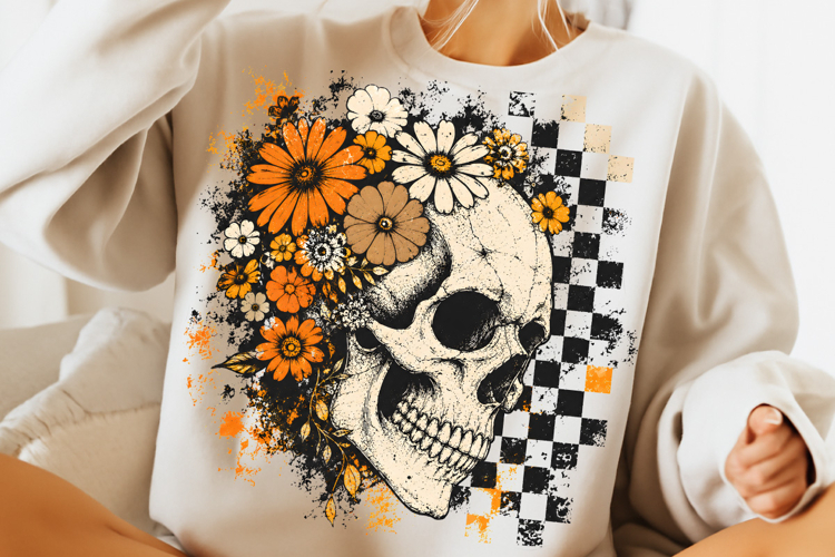 Retro Floral Skeleton PNG, Trendy Halloween Skull Design