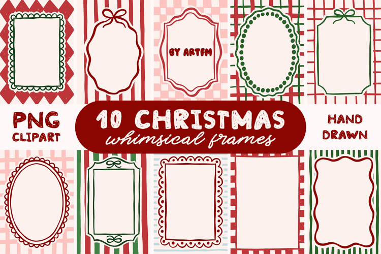 10 Coquette Christmas Frames Clipart PNG Bundle