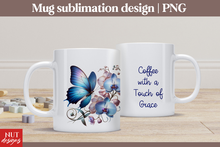 Orchid Blue Butterfly Mug sublimation Spring mug wrap