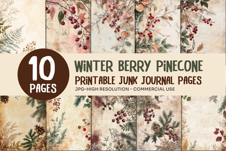 Winter Berry Pinecone Junk Journal Pages