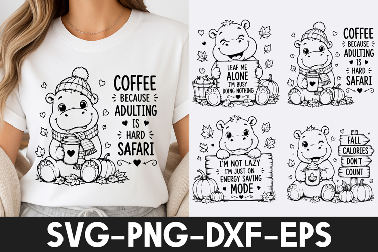 Cute Fall Hippo Coffee Adulting Safari SVG PNG