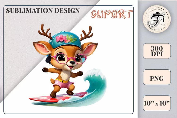 Cute Little Deer Surfer Cartoon| Sublimation Design| Ocean