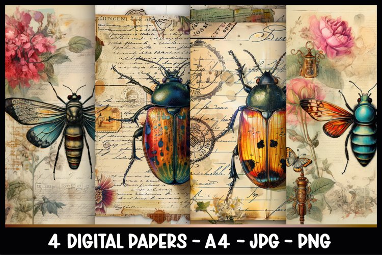 4 Vintage Insects Digital Papers I Junk Journal Page