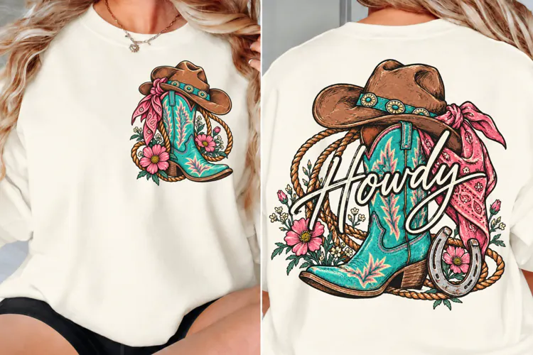 Howdy Cowgirl Front Back Shirt PNG, Western Boots Front Back